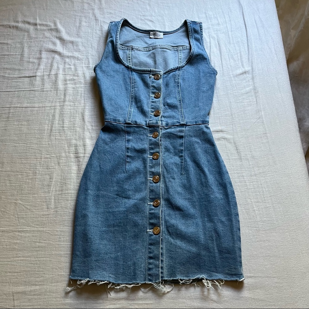 Oh Polly blue denim raw edge hem button down sleeveless mini dress